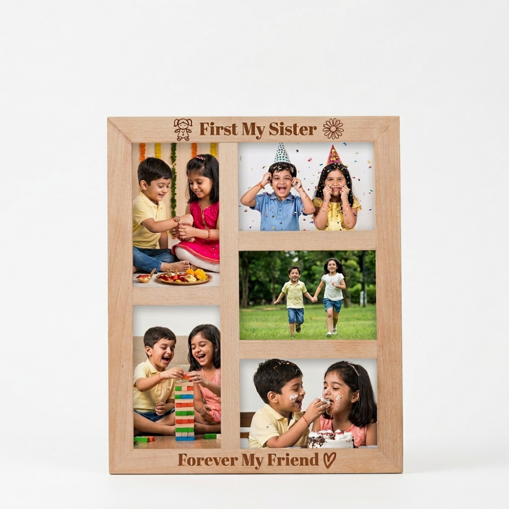 Bazinco A3 Wooden Photo Frame for Sister | Personalized Photo Collage Rakhi Gift | First My Sister Forever My Friend