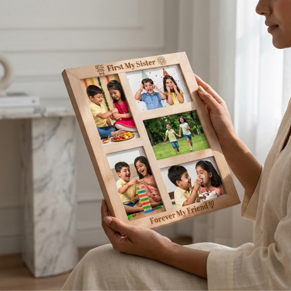 Bazinco A3 Wooden Photo Frame for Sister | Personalized Photo Collage Rakhi Gift | First My Sister Forever My Friend