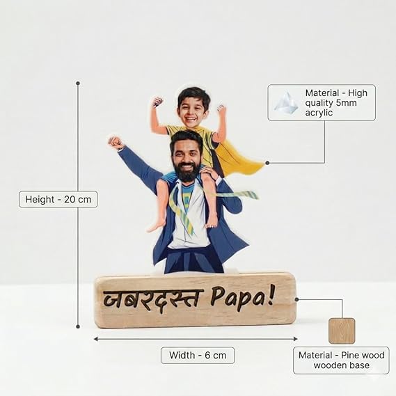 Bazinco Zabardast Papa Personalized Acrylic Caricature Standee | Custom Father Son Desk Décor Gift with Wooden Base for Dad