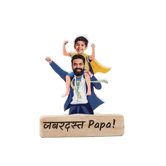 Bazinco Zabardast Papa Personalized Acrylic Caricature Standee | Custom Father Son Desk Décor Gift with Wooden Base for Dad