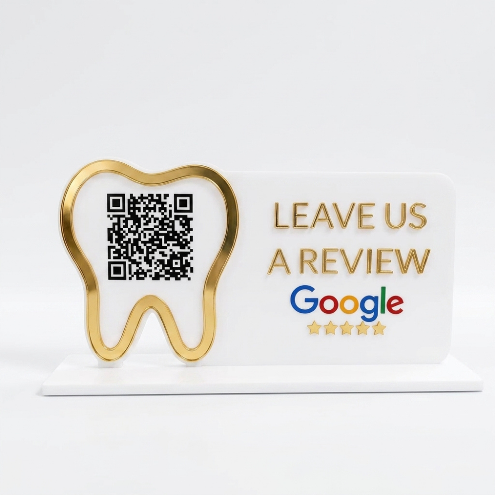 Bazinco Personalized Tooth QR Review Stand | Custom Acrylic Dental Clinic Google Review QR Display | Dentist Reception Desk Sign | Clinic Branding Decor