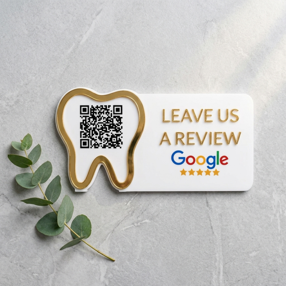 Bazinco Personalized Tooth QR Review Stand | Custom Acrylic Dental Clinic Google Review QR Display | Dentist Reception Desk Sign | Clinic Branding Decor