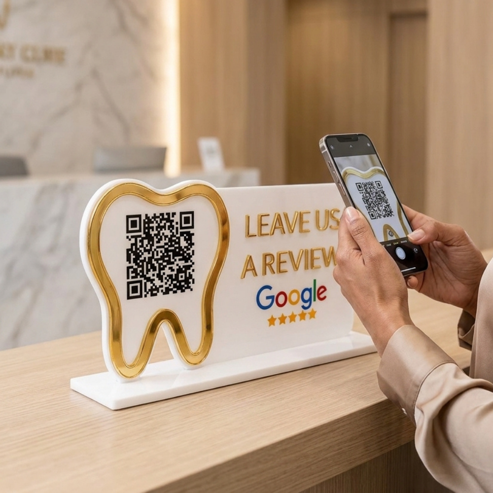 Bazinco Personalized Tooth QR Review Stand | Custom Acrylic Dental Clinic Google Review QR Display | Dentist Reception Desk Sign | Clinic Branding Decor