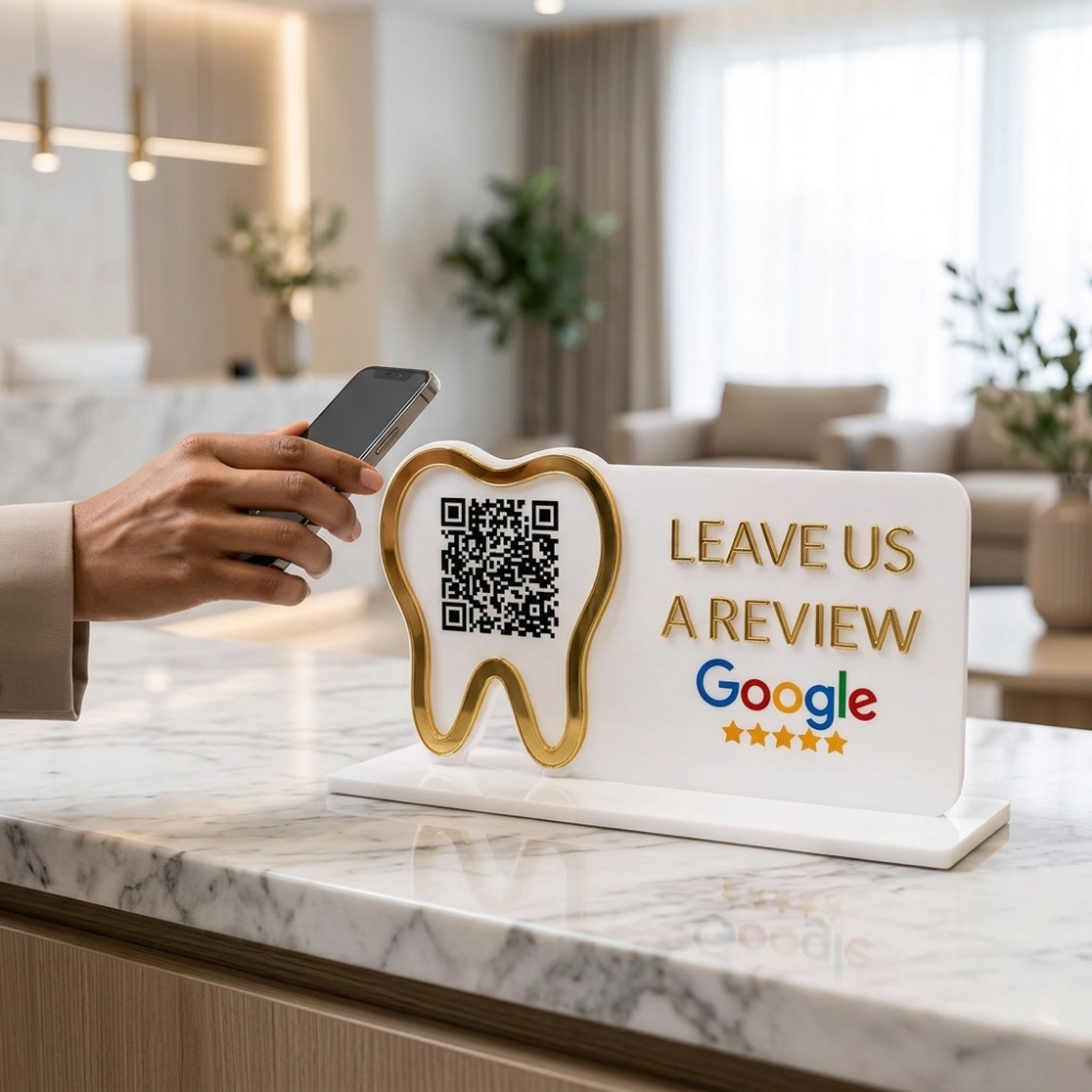 Bazinco Personalized Tooth QR Review Stand | Custom Acrylic Dental Clinic Google Review QR Display | Dentist Reception Desk Sign | Clinic Branding Decor