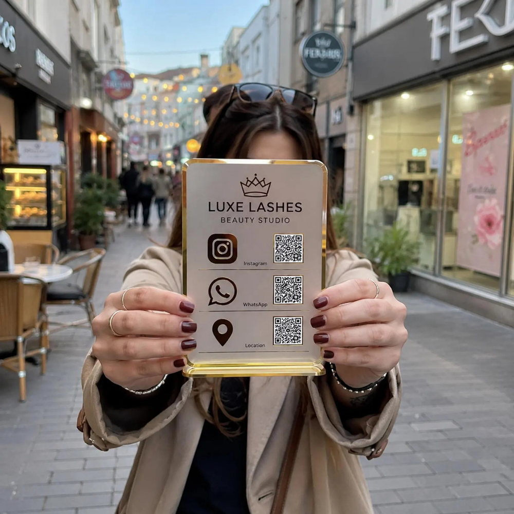Bazinco Personalized Business QR Code Display Stand | Custom Acrylic Social Media QR Stand with Instagram, WhatsApp & Location QR | Business Counter Sign