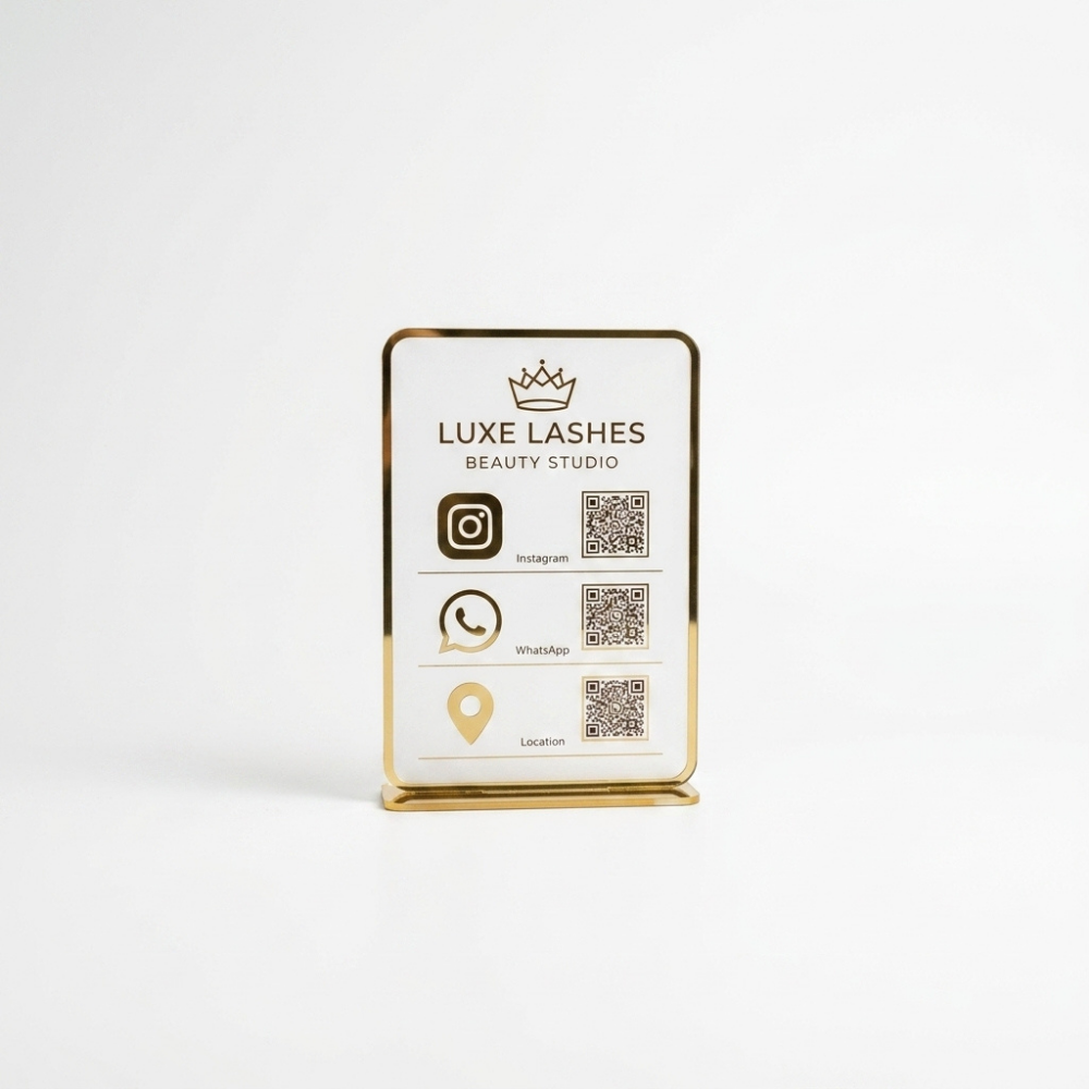 Bazinco Personalized Business QR Code Display Stand | Custom Acrylic Social Media QR Stand with Instagram, WhatsApp & Location QR | Business Counter Sign