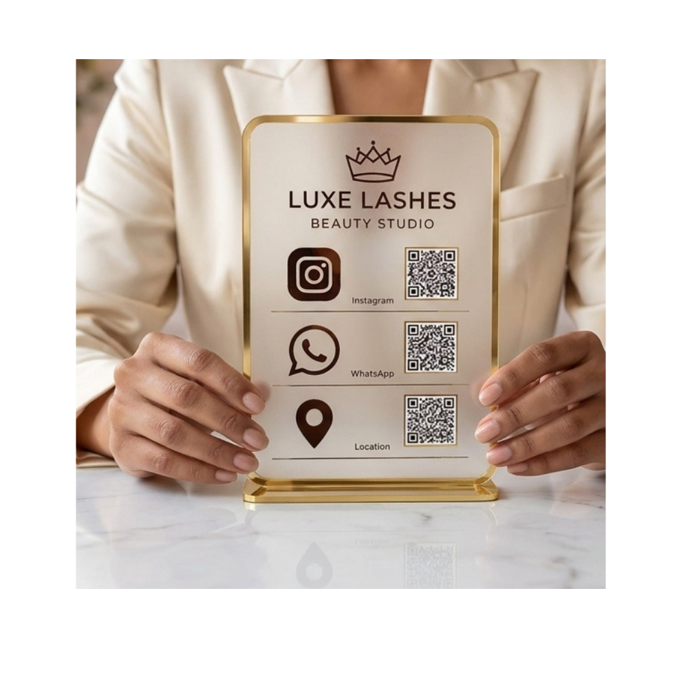 Bazinco Personalized Business QR Code Display Stand | Custom Acrylic Social Media QR Stand with Instagram, WhatsApp & Location QR | Business Counter Sign