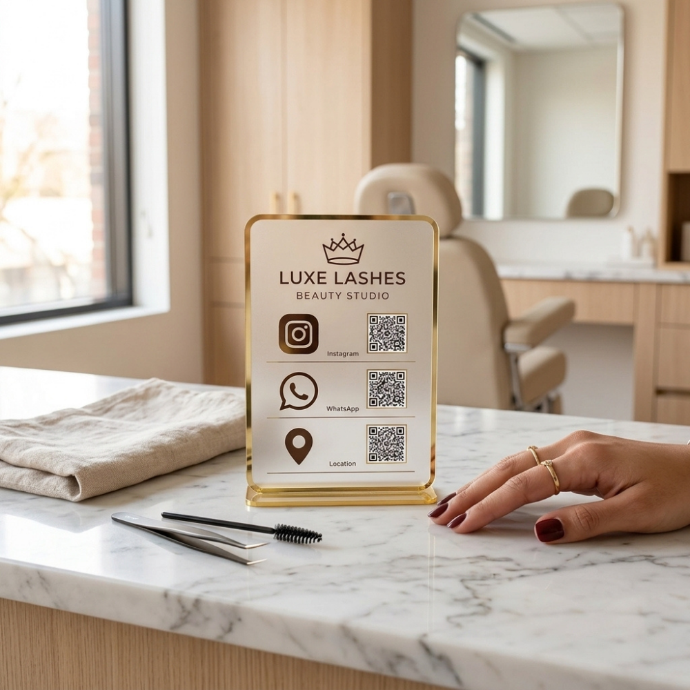 Bazinco Personalized Business QR Code Display Stand | Custom Acrylic Social Media QR Stand with Instagram, WhatsApp & Location QR | Business Counter Sign