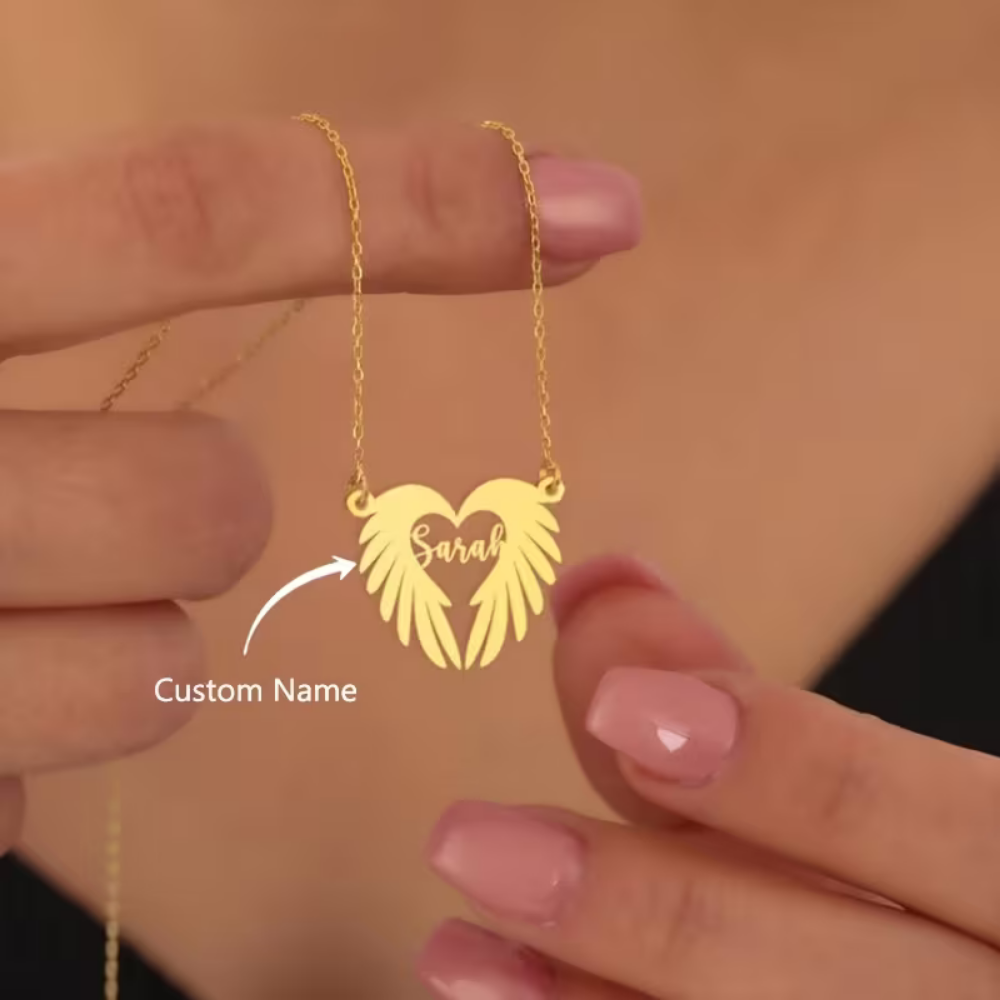 Bazinco Personalized Heart Wing Necklace – Custom Name Angel Wings Pendant