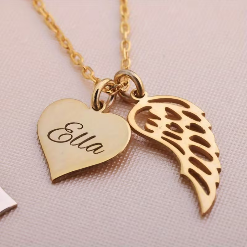 Angel Wing Heart Name Necklace Personalized | Gold Name Pendant Gift for Her – Bazinco