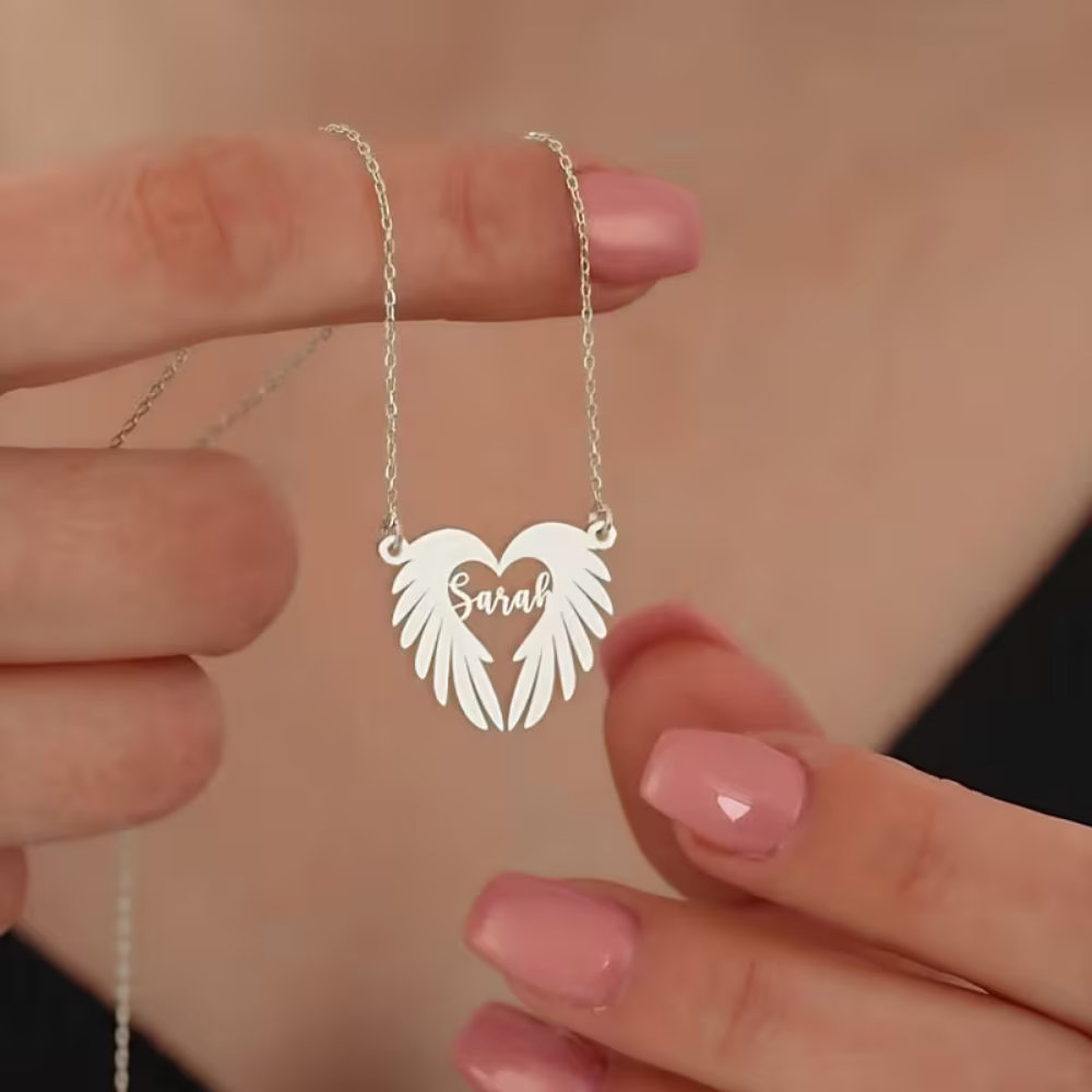 Bazinco Personalized Heart Wing Necklace – Custom Name Angel Wings Pendant