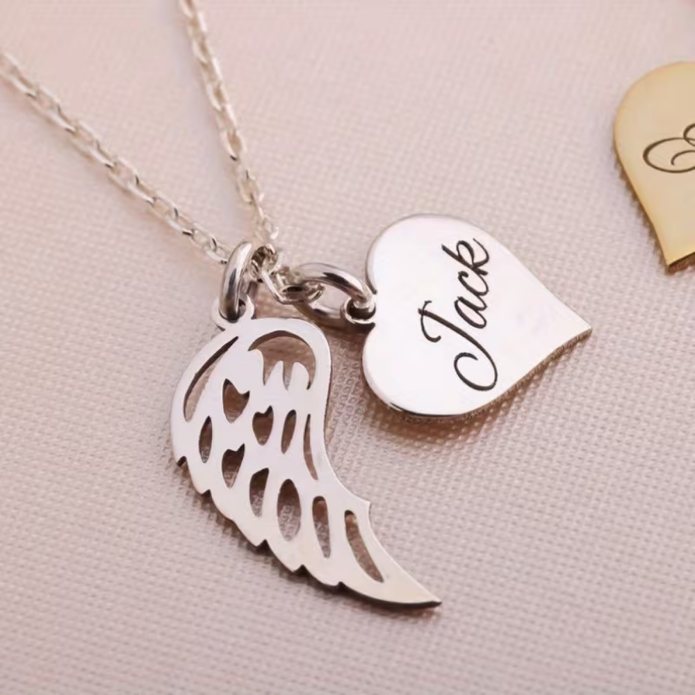 Angel Wing Heart Name Necklace Personalized | Gold Name Pendant Gift for Her – Bazinco