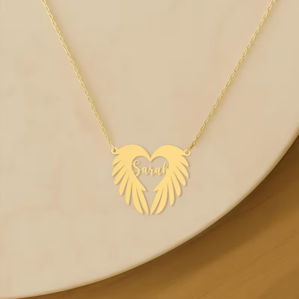 Bazinco Personalized Heart Wing Necklace – Custom Name Angel Wings Pendant