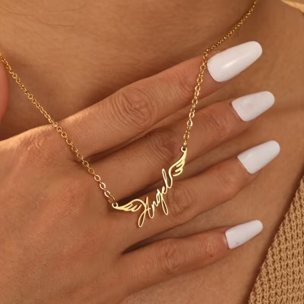 Bazinco Angel Name Necklace with Wings – Personalized Name Pendant Gift for Her