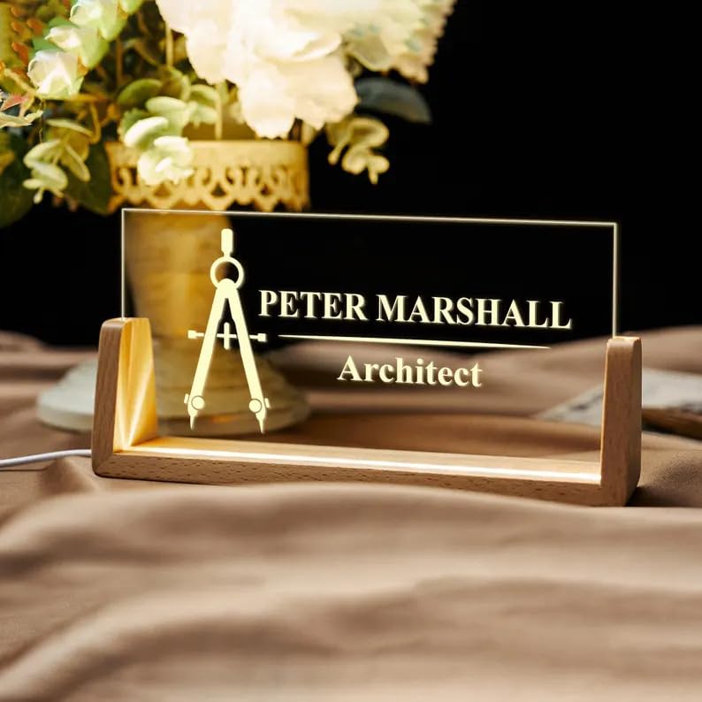 Bazinco Personalized Acrylic LED Name Plate for Architect | Custom Desk Name Plate with Wooden Base