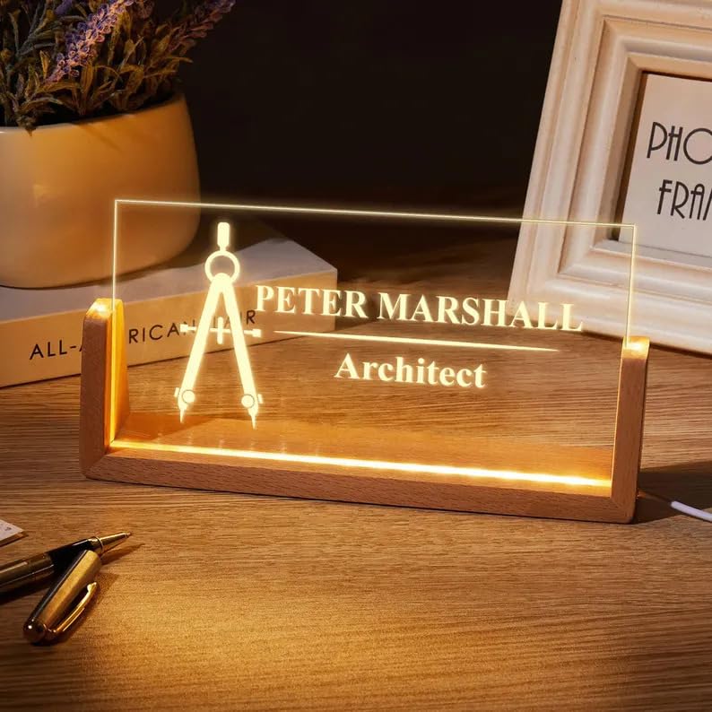 Bazinco Personalized Acrylic LED Name Plate for Architect | Custom Desk Name Plate with Wooden Base