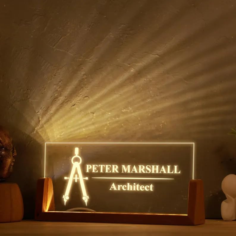Bazinco Personalized Acrylic LED Name Plate for Architect | Custom Desk Name Plate with Wooden Base