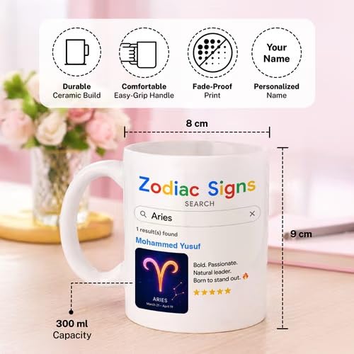 Bazinco Personalized Aries Mug 300 ml, Custom Zodiac Ceramic Coffee Mug with Name, Aries Zodiac Sign Gift for Women Men, Birthday Gift, Astrology Mug for Tea Coffee