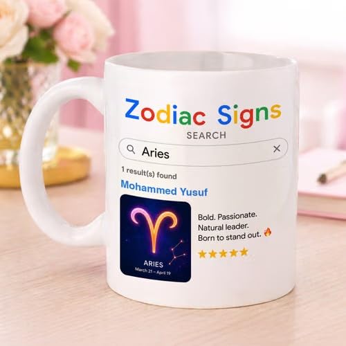 Bazinco Personalized Aries Mug 300 ml, Custom Zodiac Ceramic Coffee Mug with Name, Aries Zodiac Sign Gift for Women Men, Birthday Gift, Astrology Mug for Tea Coffee