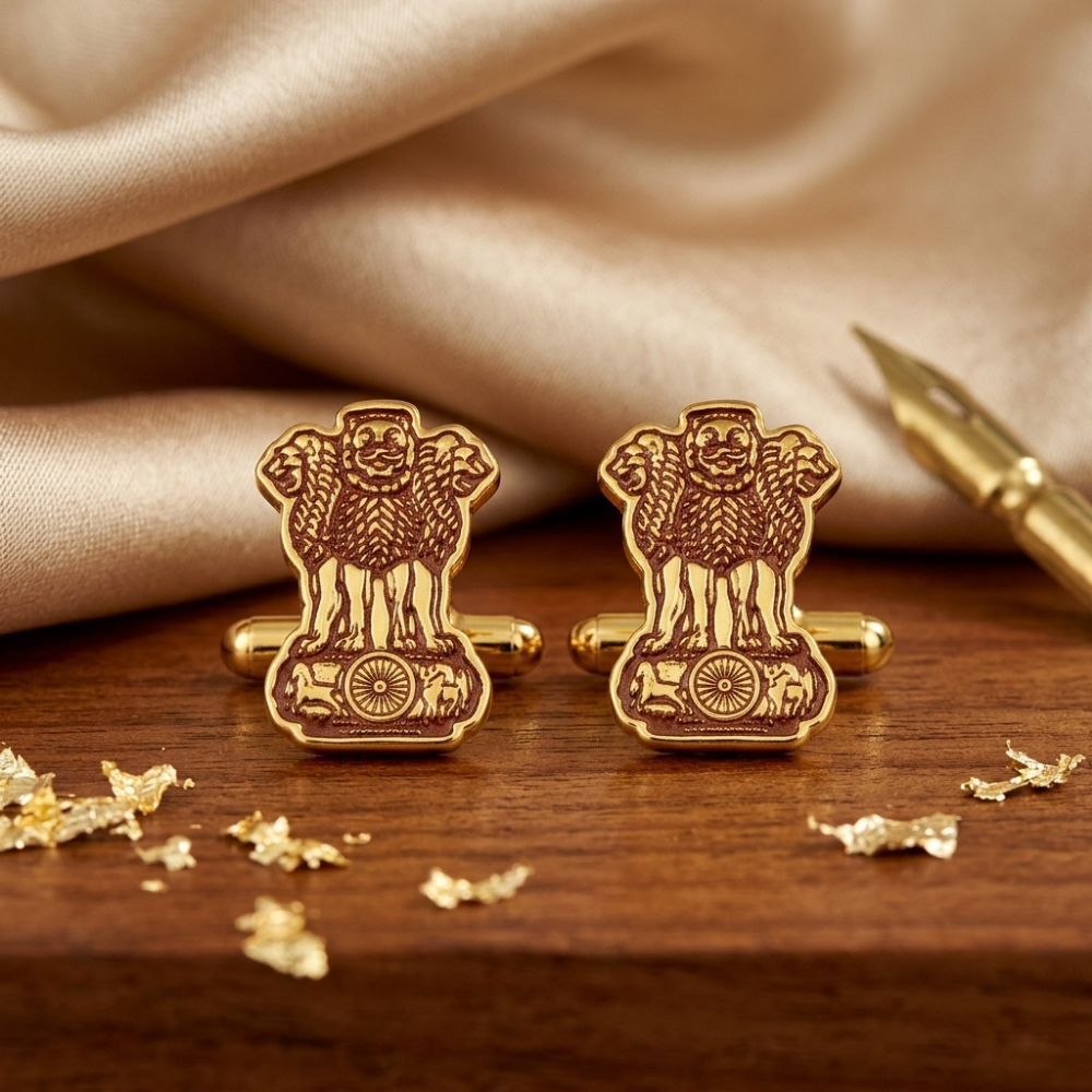 Bazinco Ashoka Chakra Lion Capital Cufflinks – Premium India Emblem Gold Cufflinks for Formal Shirts
