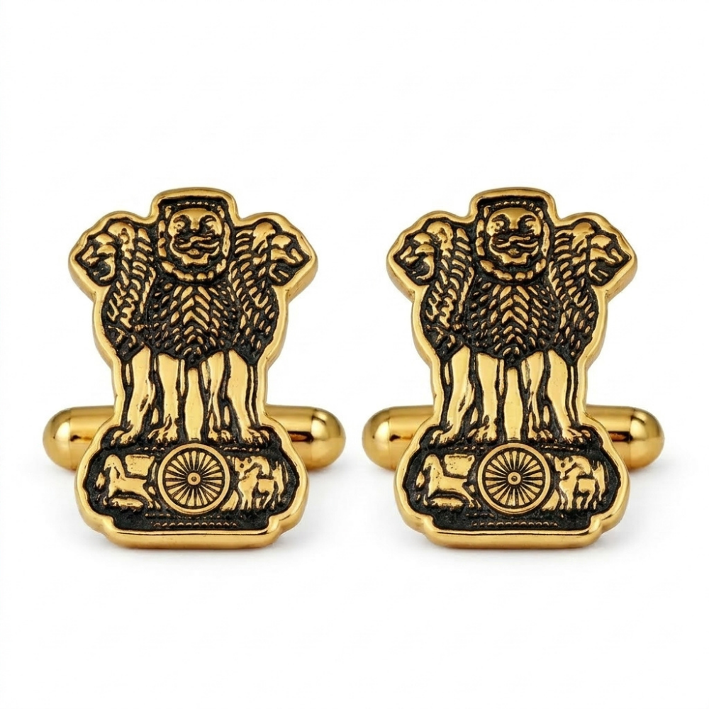 Bazinco Ashoka Chakra Lion Capital Cufflinks – Premium India Emblem Gold Cufflinks for Formal Shirts