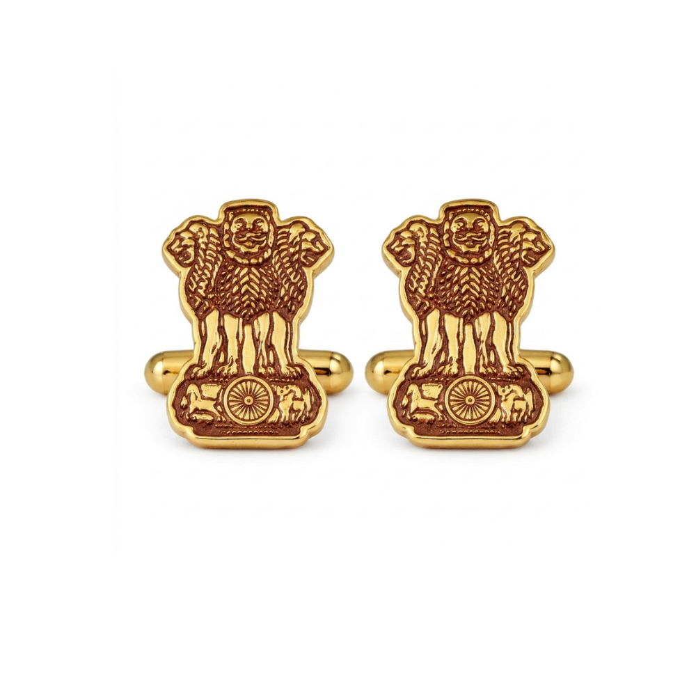 Bazinco Ashoka Chakra Lion Capital Cufflinks – Premium India Emblem Gold Cufflinks for Formal Shirts