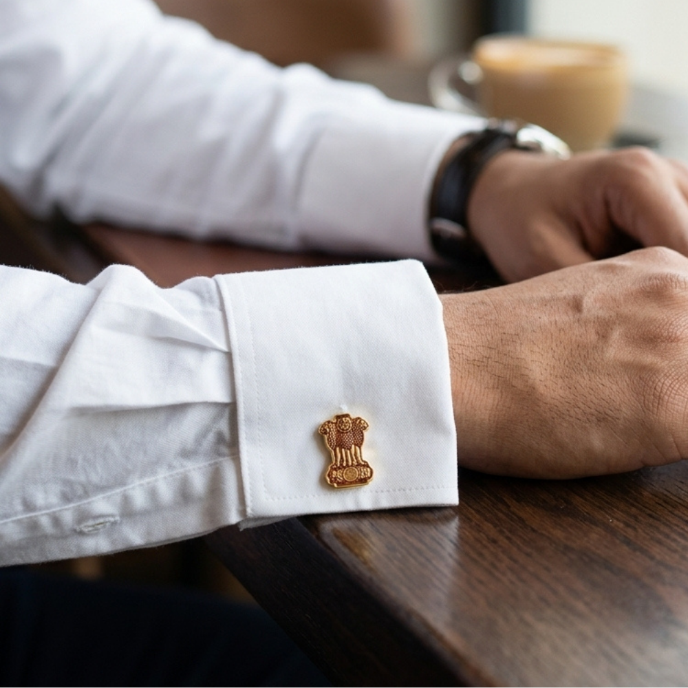 Bazinco Ashoka Chakra Lion Capital Cufflinks – Premium India Emblem Gold Cufflinks for Formal Shirts