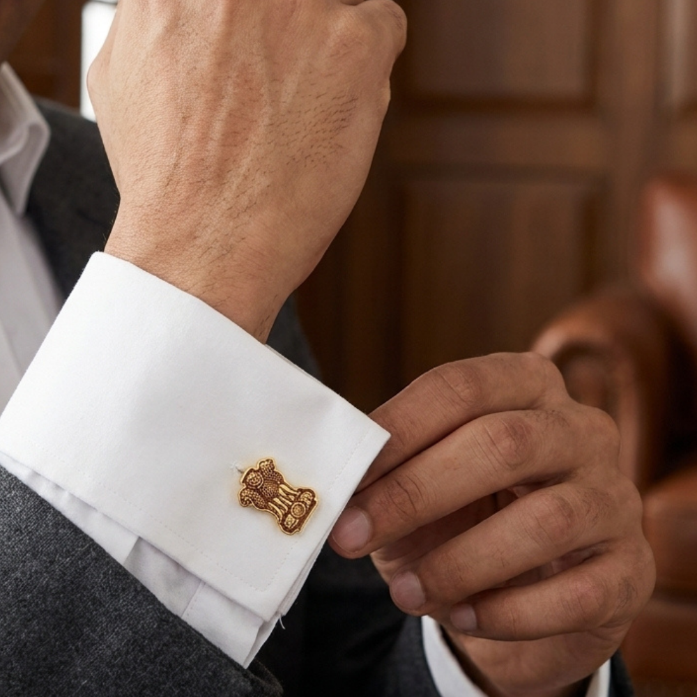Bazinco Ashoka Chakra Lion Capital Cufflinks – Premium India Emblem Gold Cufflinks for Formal Shirts