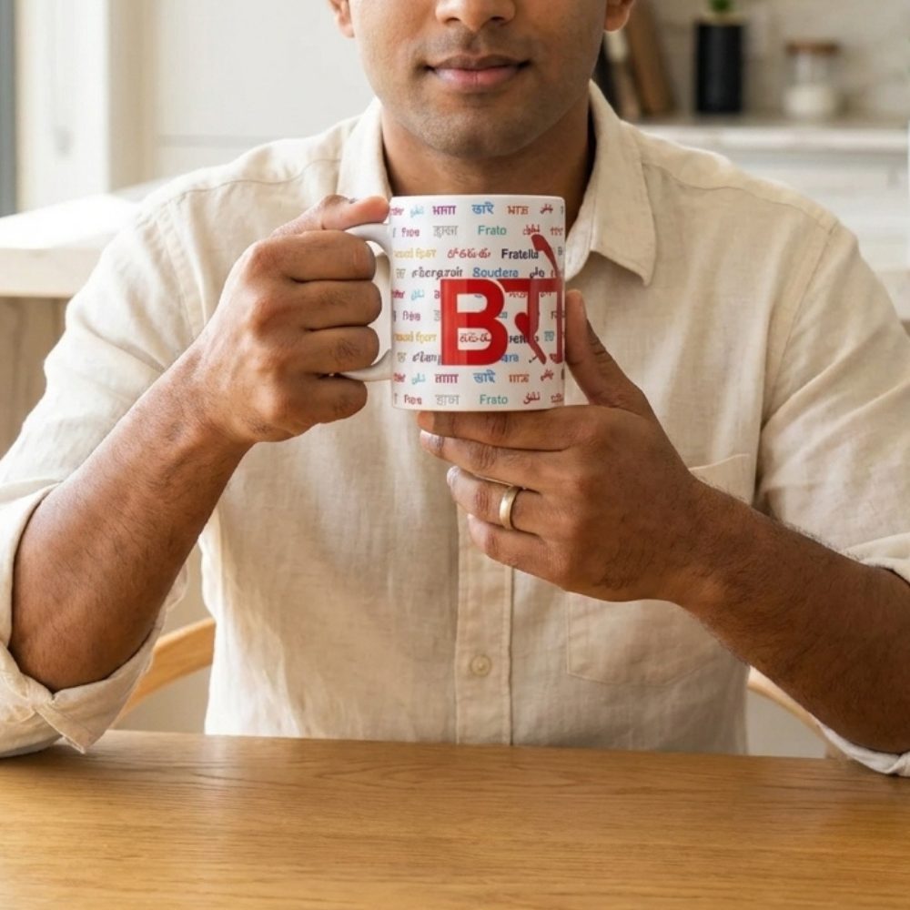 Bazinco Bro Hindi Bhrata Coffee Mug - Multilingual Language Print Ceramic Cup - Perfect Rakhi Gift for Brother, Long Distance Sibling Present