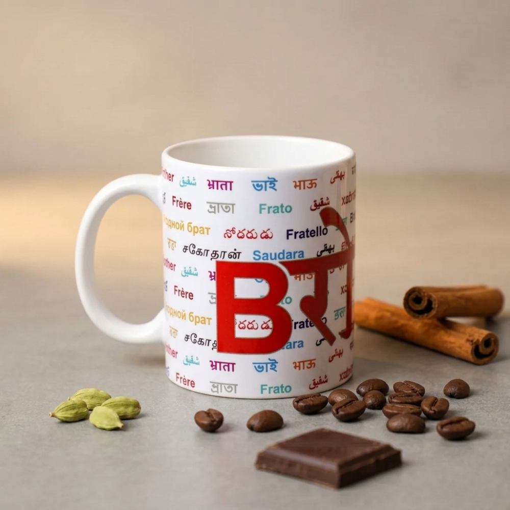 Bazinco Bro Hindi Bhrata Coffee Mug - Multilingual Language Print Ceramic Cup - Perfect Rakhi Gift for Brother, Long Distance Sibling Present