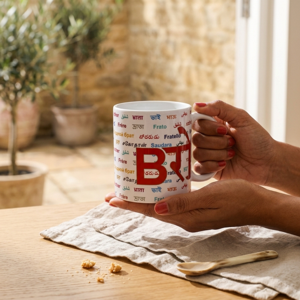 Bazinco Bro Hindi Bhrata Coffee Mug - Multilingual Language Print Ceramic Cup - Perfect Rakhi Gift for Brother, Long Distance Sibling Present