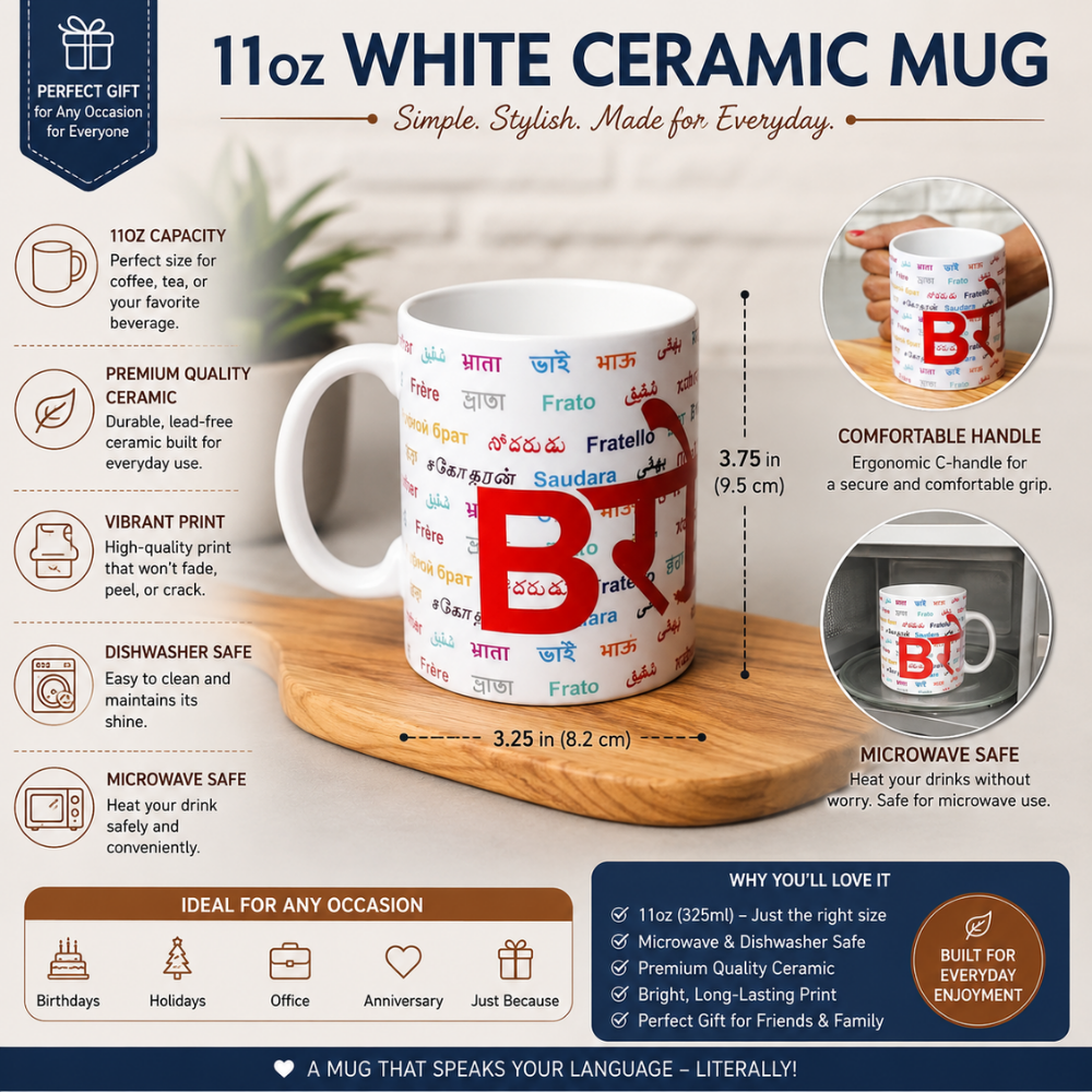 Bazinco Bro Hindi Bhrata Coffee Mug - Multilingual Language Print Ceramic Cup - Perfect Rakhi Gift for Brother, Long Distance Sibling Present