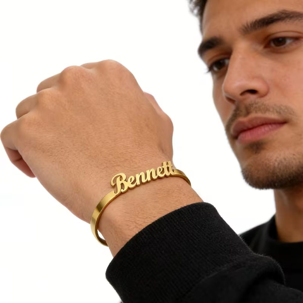 Bazinco Custom Name Bracelet for Him – Personalised Adjustable Cuff Bracelet for Men