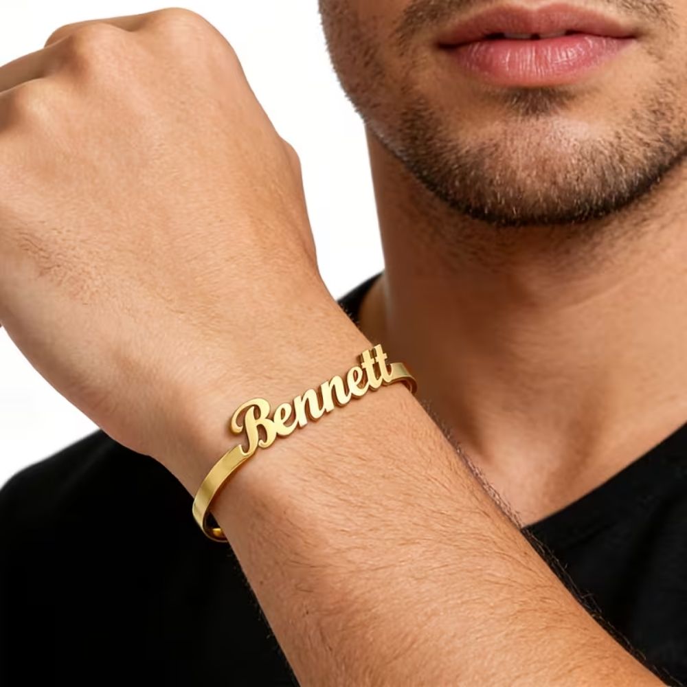 Bazinco Custom Name Bracelet for Him – Personalised Adjustable Cuff Bracelet for Men