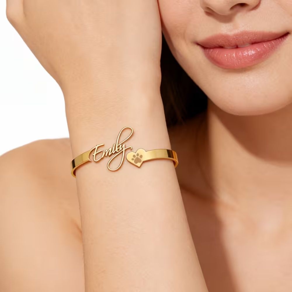 Bazinco Personalised Paw Print Name Bracelet – Adjustable Pet Lover Cuff Bracelet