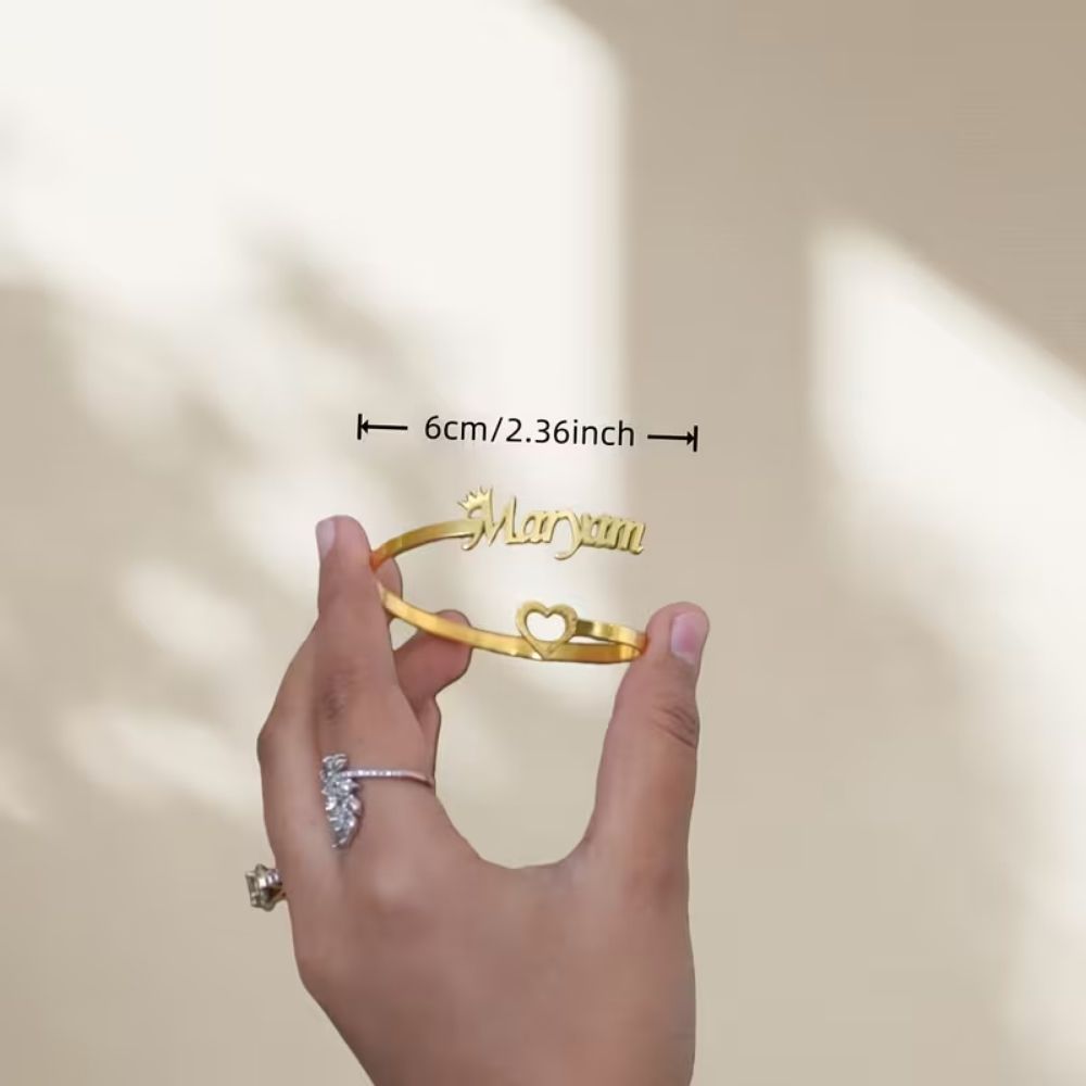 Bazinco Custom Name Heart Bracelet – Personalised Adjustable Cute Heart Cuff Bracelet
