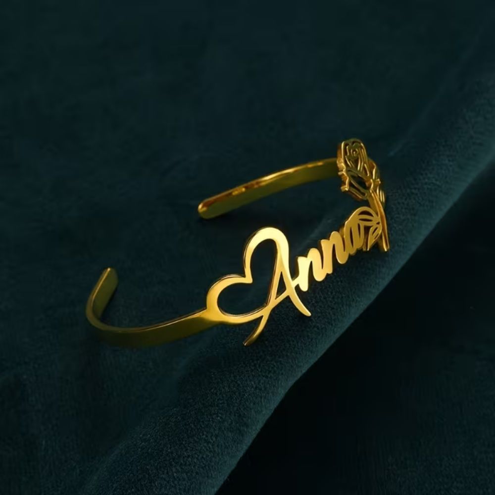 Bazinco Personalised Name & Rose Theme Adjustable Cuff Bracelet – Custom Name Rose Bracelet