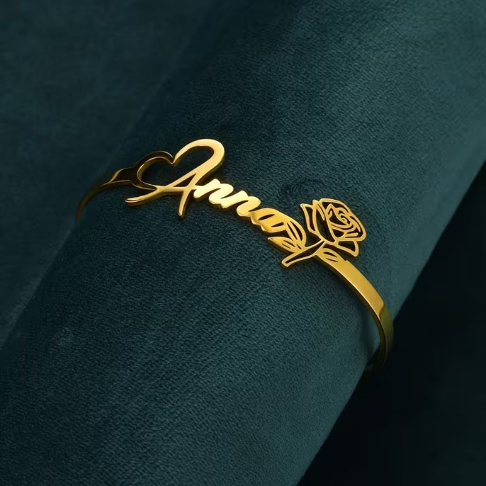 Bazinco Personalised Name & Rose Theme Adjustable Cuff Bracelet – Custom Name Rose Bracelet