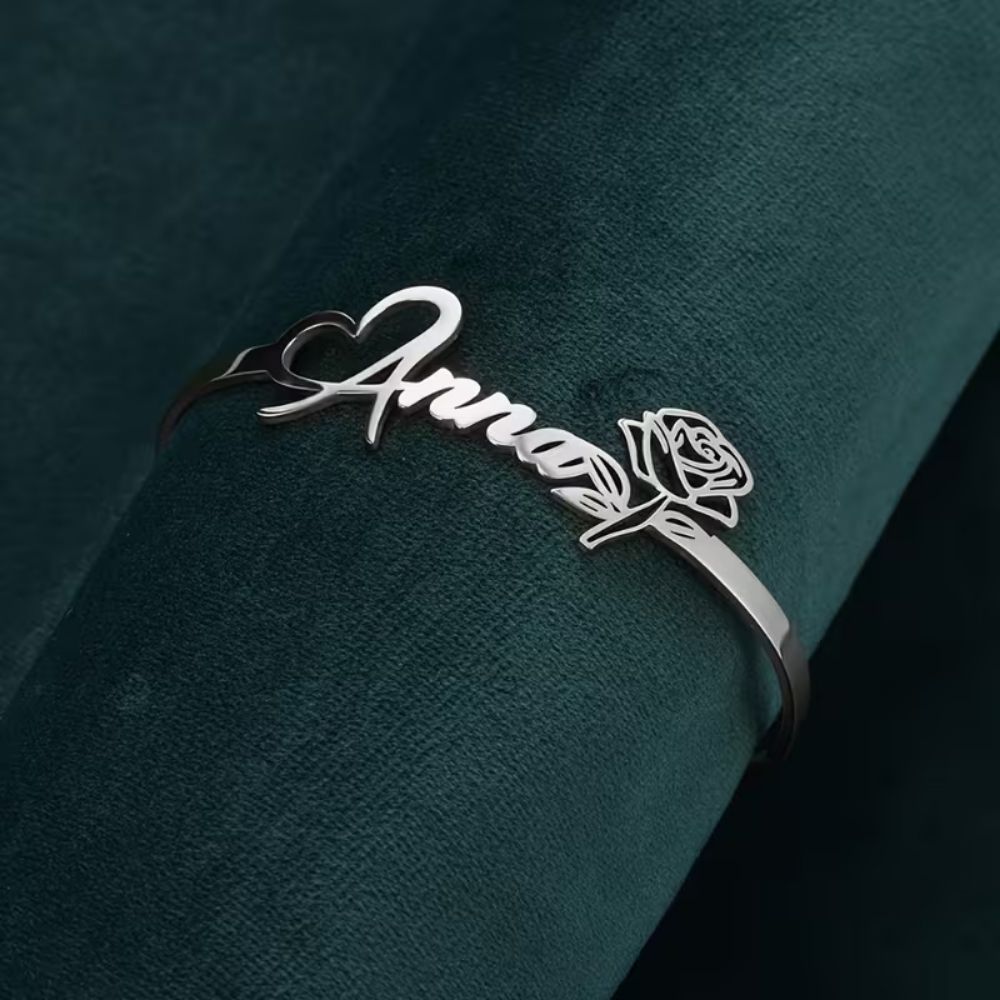 Bazinco Personalised Name & Rose Theme Adjustable Cuff Bracelet – Custom Name Rose Bracelet