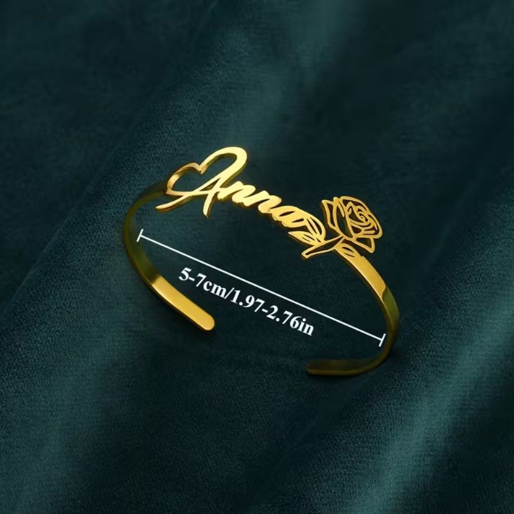 Bazinco Personalised Name & Rose Theme Adjustable Cuff Bracelet – Custom Name Rose Bracelet