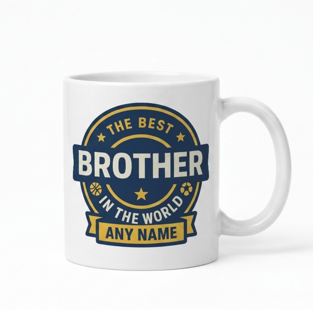 Bazinco The Best Brother Badge Mug 11 Oz White Ceramic Mug | Personalized Rakhi Gift for Brother | Custom Name Coffee Mug | Microwave Safe