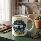 Bazinco The Best Brother Badge Mug 11 Oz White Ceramic Mug | Personalized Rakhi Gift for Brother | Custom Name Coffee Mug | Microwave Safe
