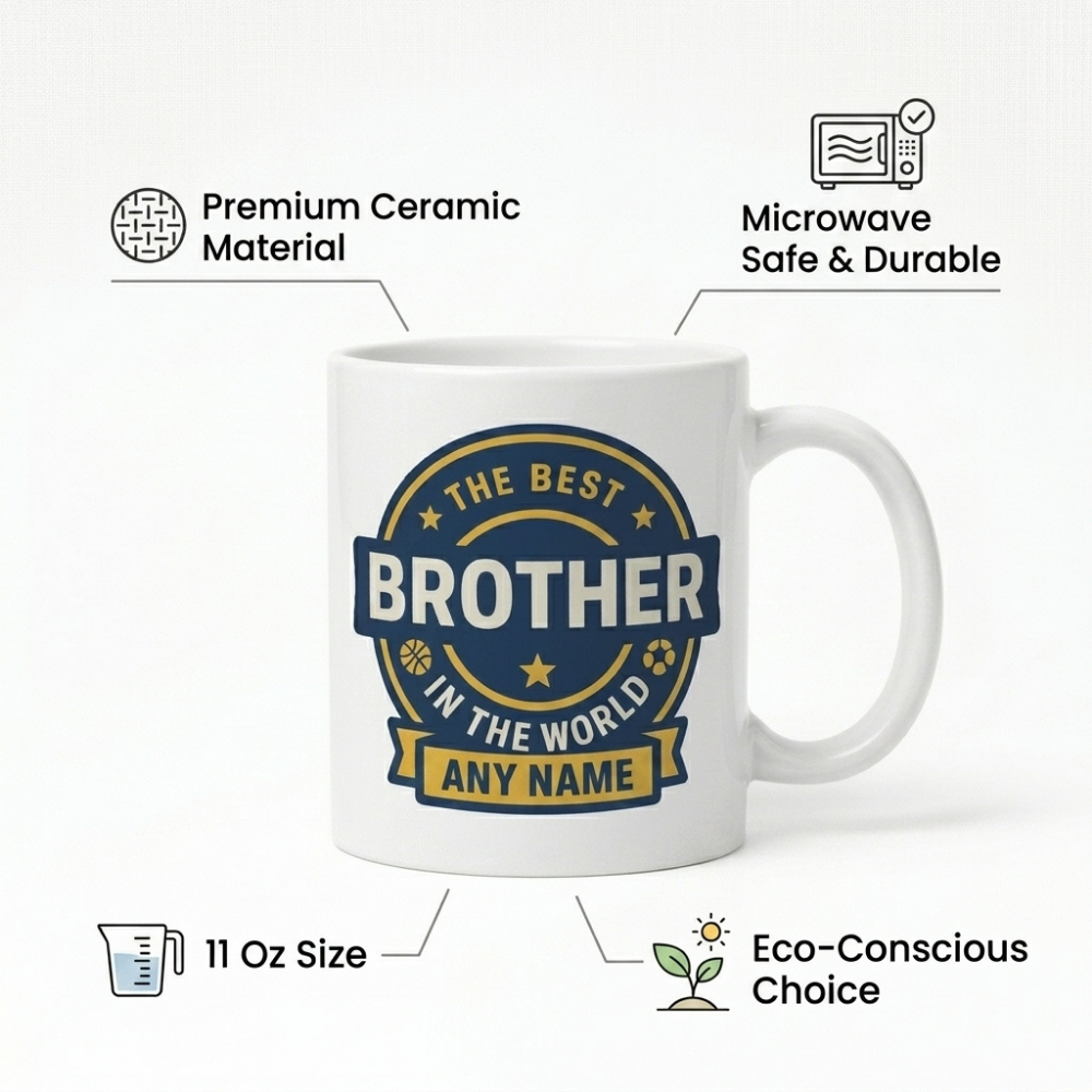 Bazinco The Best Brother Badge Mug 11 Oz White Ceramic Mug | Personalized Rakhi Gift for Brother | Custom Name Coffee Mug | Microwave Safe