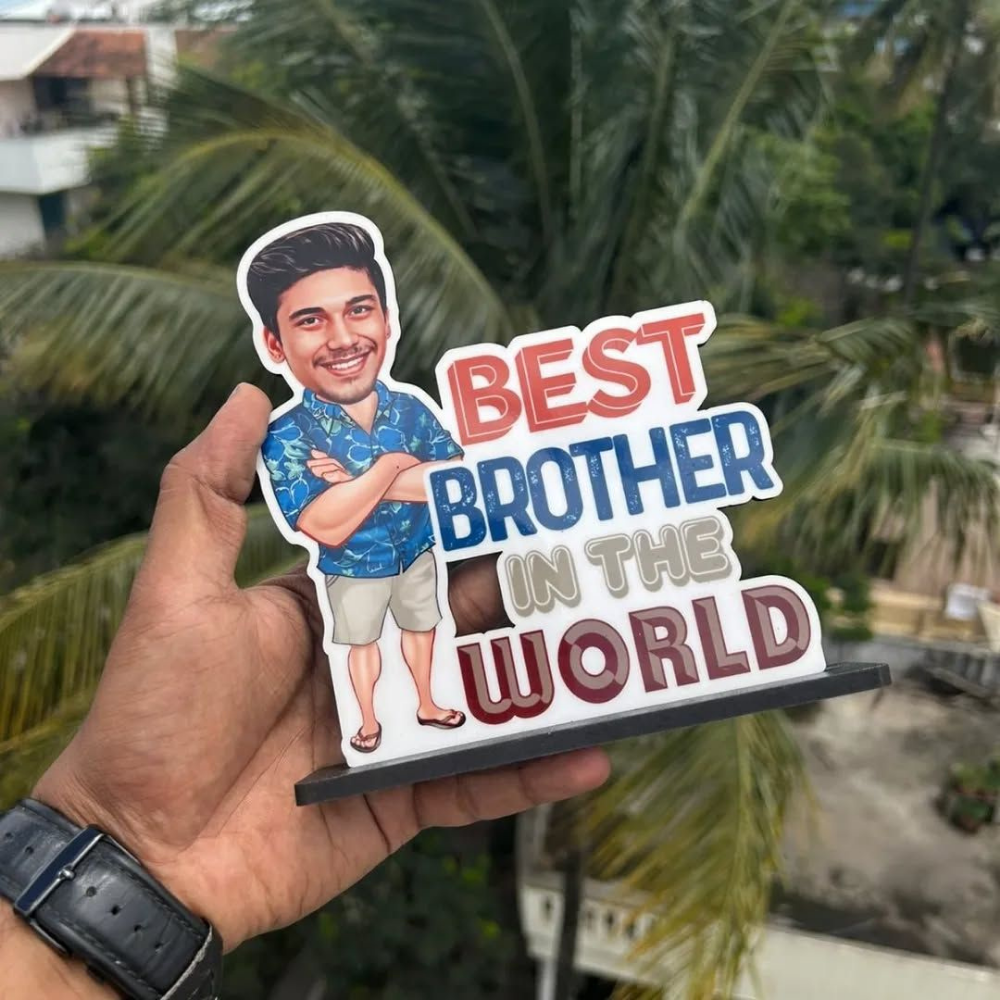 Bazinco Best Brother in the World Personalized Caricature Standee | Custom Brother Photo Stand with Wooden Base | Personalized Rakhi & Birthday Gift for Brother