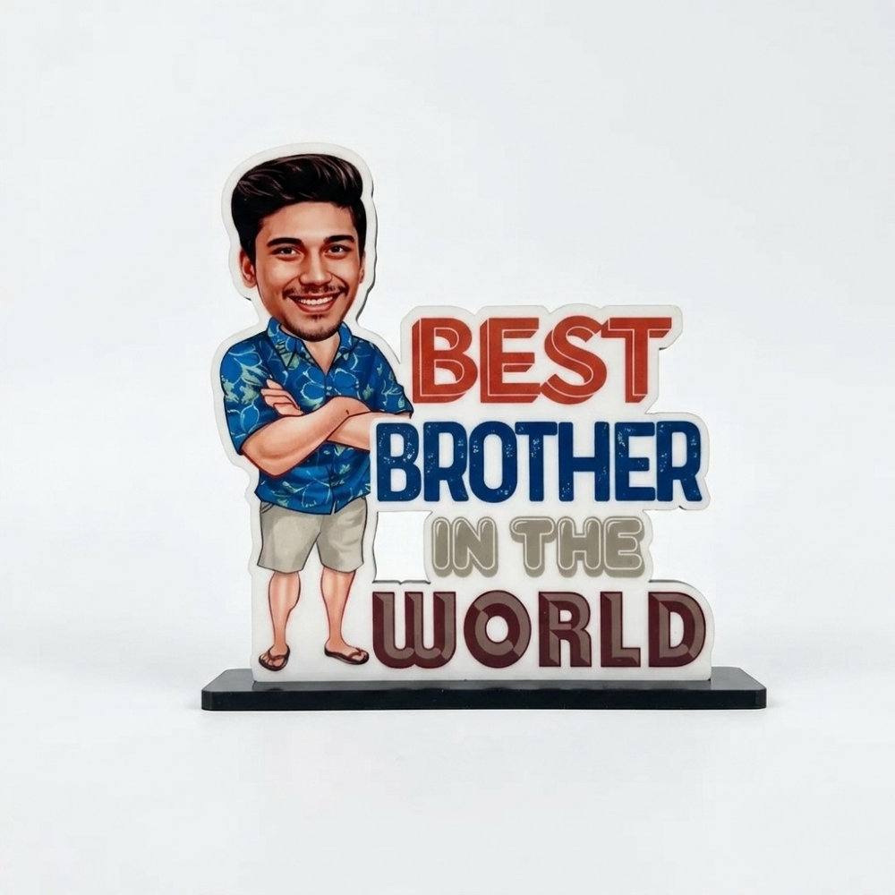 Bazinco Best Brother in the World Personalized Caricature Standee | Custom Brother Photo Stand with Wooden Base | Personalized Rakhi & Birthday Gift for Brother