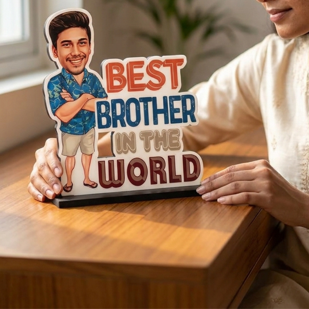 Bazinco Best Brother in the World Personalized Caricature Standee | Custom Brother Photo Stand with Wooden Base | Personalized Rakhi & Birthday Gift for Brother