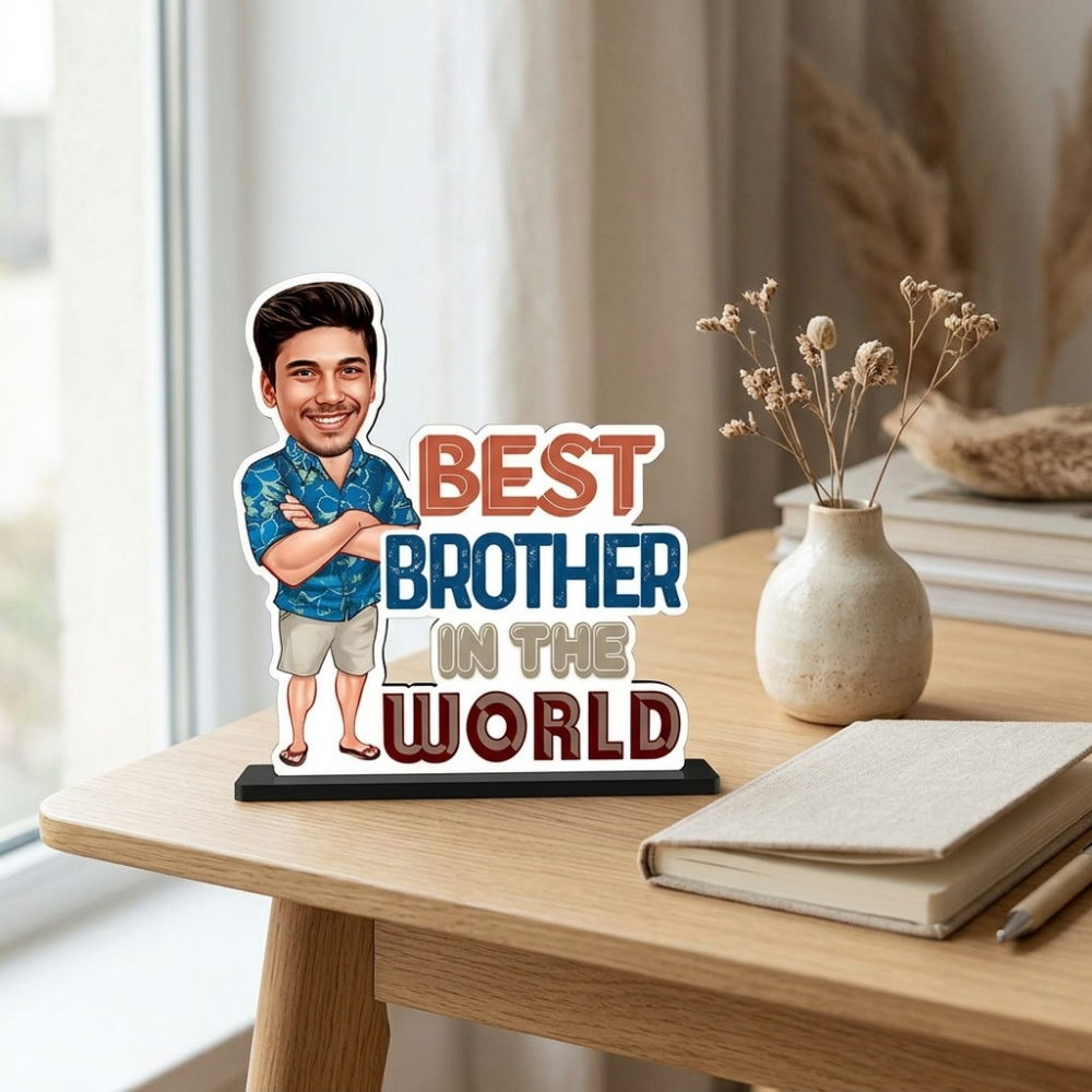 Bazinco Best Brother in the World Personalized Caricature Standee | Custom Brother Photo Stand with Wooden Base | Personalized Rakhi & Birthday Gift for Brother