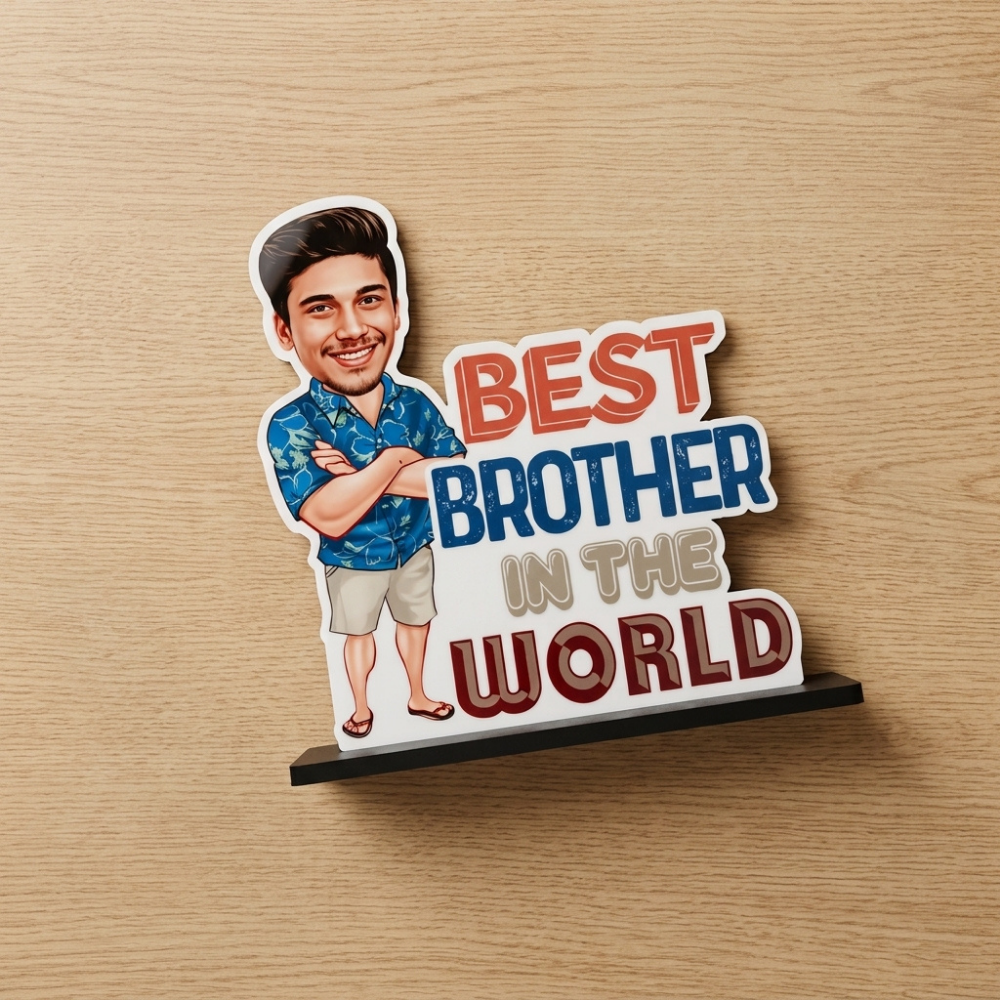 Bazinco Best Brother in the World Personalized Caricature Standee | Custom Brother Photo Stand with Wooden Base | Personalized Rakhi & Birthday Gift for Brother