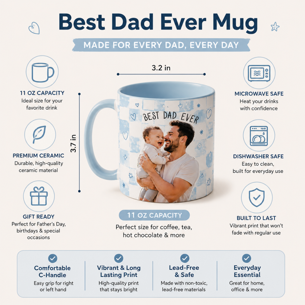 Bazinco Best Dad Ever Personalized Photo Mug – Father’s Day Ceramic Coffee Mug
