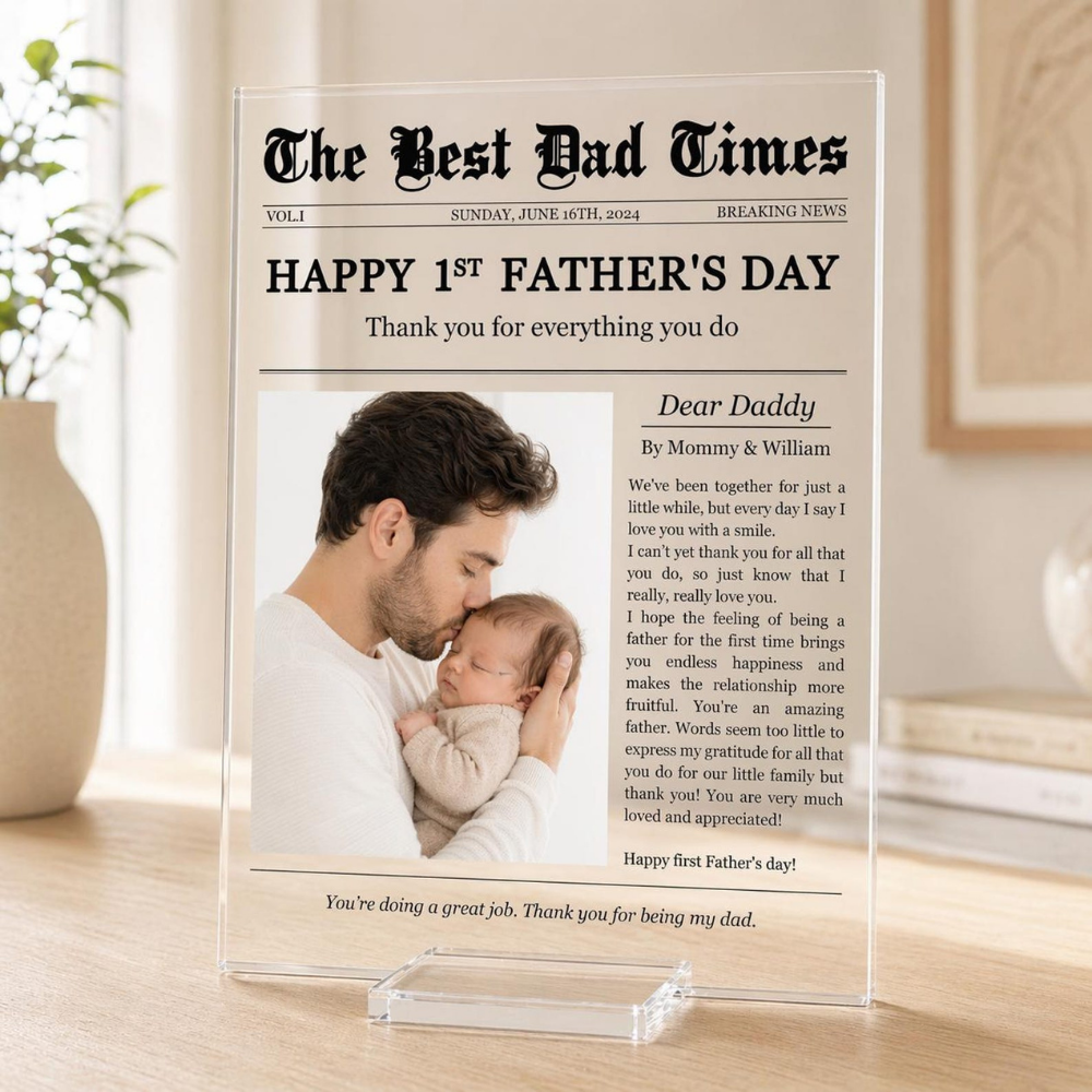 Bazinco Custom Newspaper Style Acrylic Photo Plaque for Dad – First Father’s Day Gift